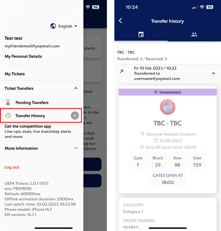 Where can I find the list of tickets transferred/received? UEFA